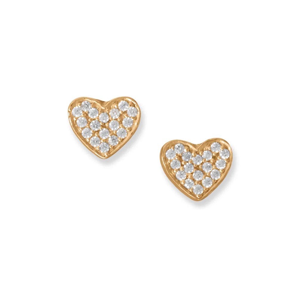 NWT - 14 Karat Gold Plated Pave CZ Heart Stud Earrings - 925 Sterling Silver